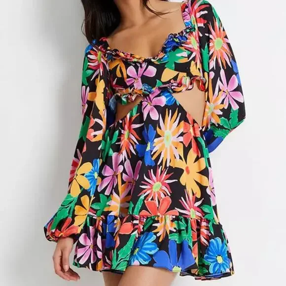 PatBo Aster Long Sleeve Cut-Out Mini Dress Floral Print Size 2 - Picture 3 of 9